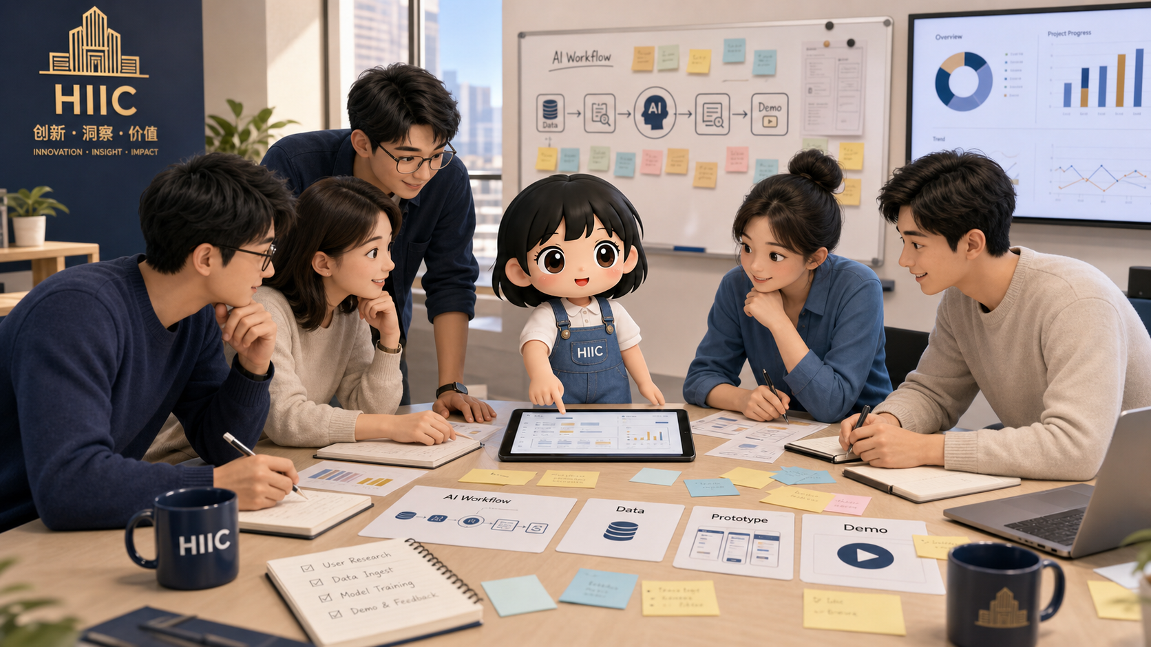 小七和五位同事围绕平板原型、数据卡片和任务板开展共创